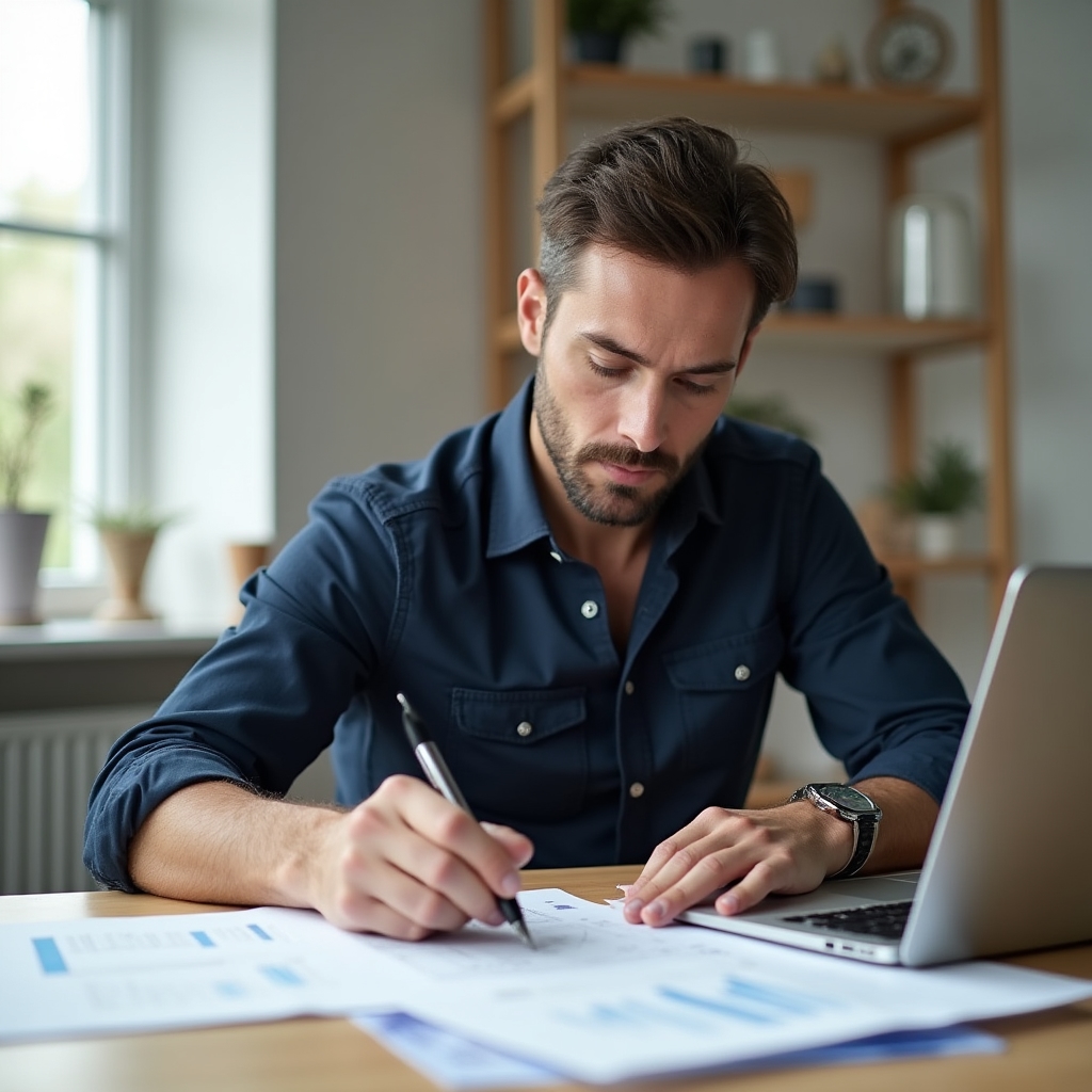 Upravitelj zgrade pregledava financijske dokumente za stolom
