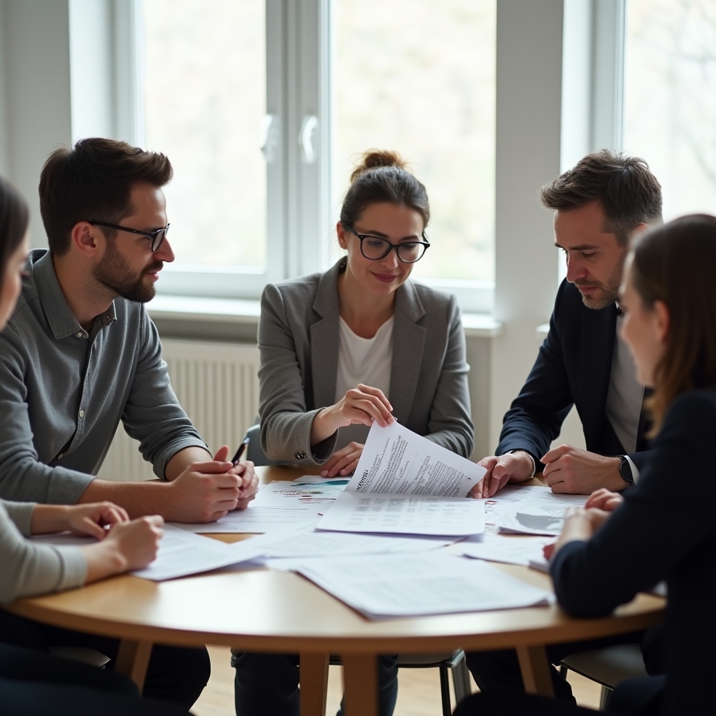 Skupina suvlasnika sjedi za stolom i pregledava financijske dokumente zgrade