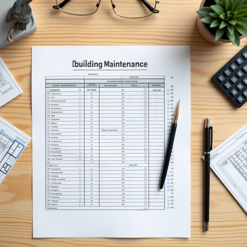 Dokument godišnjeg plana održavanja na stolu s olovkom i arhitektonskim nacrtima